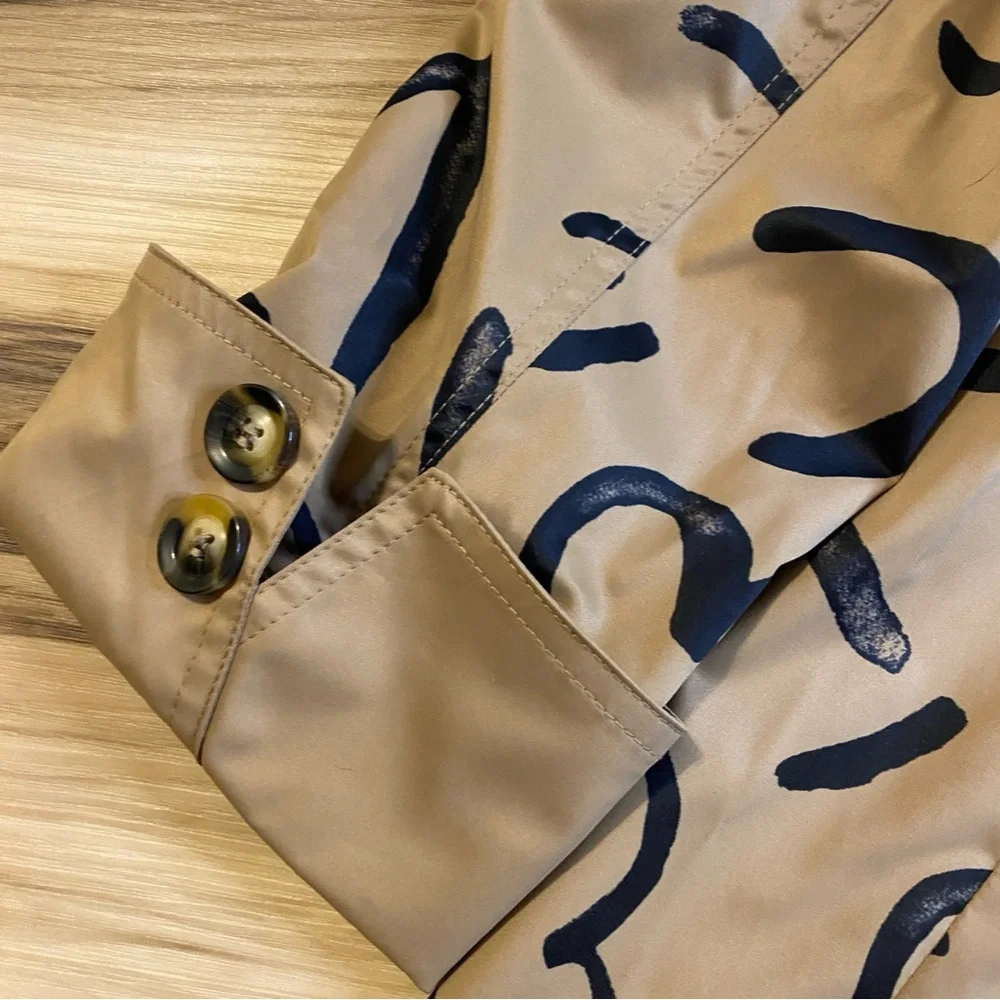 Luii Tan Khaki Abstract Graphic Print Hooded Trench‎ Coat Jacket Women Small